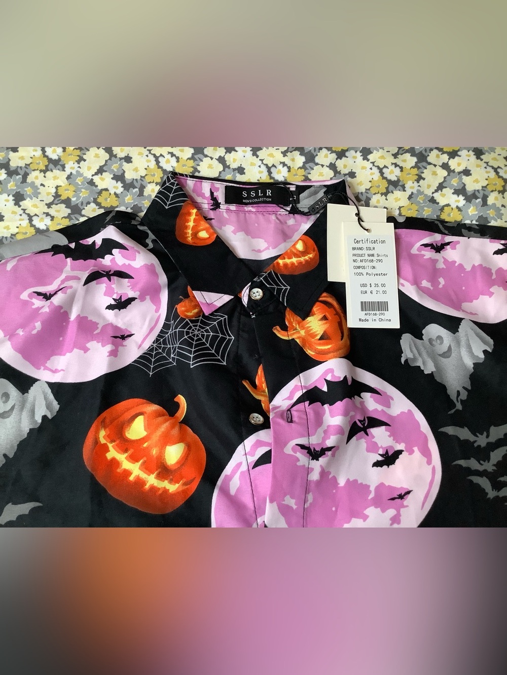SSLR Men’s Halloween Dress Shirt - Black with Pink & Orange Print